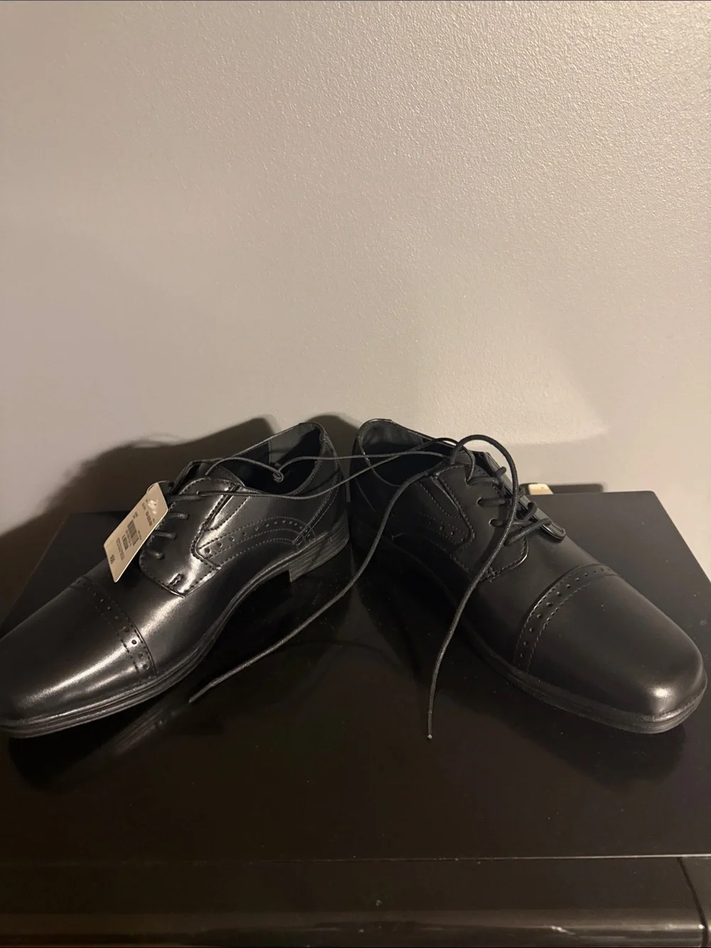 Stafford Black Boys Lace-Up Cap-Toe Dress Shoes